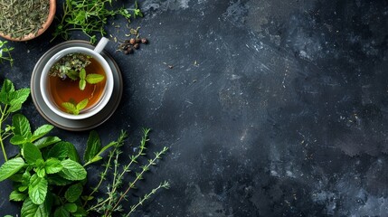 Cup of herbal tea with various herbs on dark background --ar 16:9 Job ID: bbe733cc-0450-43b1-a106-787f12b6c48b - obrazy, fototapety, plakaty