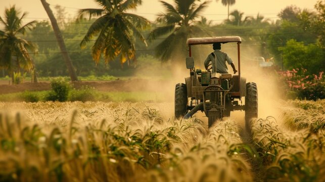 Man driving tractor through corn and palm tree field in India under a clear blue sky