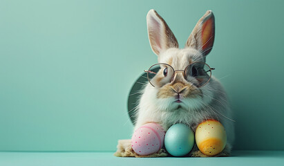A cute rabbit with glasses sitting beside colorful Easter eggs against a soft teal background, depicting a whimsical Easter theme.