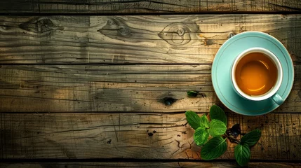 Foto op Plexiglas Cup of yummy fresh green tea on wooden table --ar 16:9 Job ID: 88128fff-3463-4679-b3bf-6b65818a565c © Farda