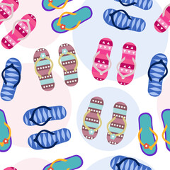 seamless flip flops pattern. color summer backdrop. repeat background. Cartoon flat illustration.