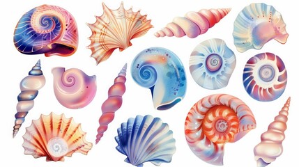 Colorful tropical shells underwater icon set on white background - obrazy, fototapety, plakaty