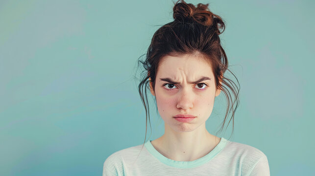Woman with ugly facial expression on pastel blue background 