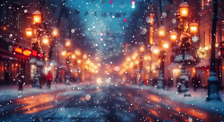 Snowy Evening in Bustling City Street With Glowing Lights and Traffic. The scene captures the bustling urban life against the quiet of a winters night.