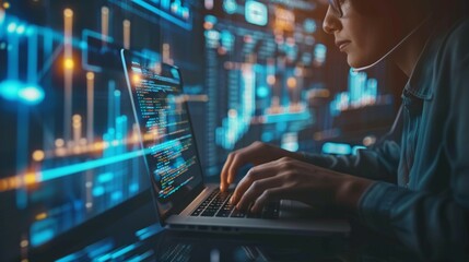 Data scientist, Programmer using laptop analyzing financial data on futuristic virtual interface.  - obrazy, fototapety, plakaty