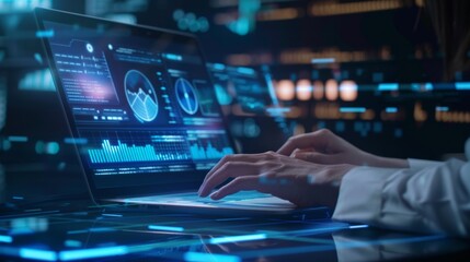 Data scientist, Programmer using laptop analyzing financial data on futuristic virtual interface. 
