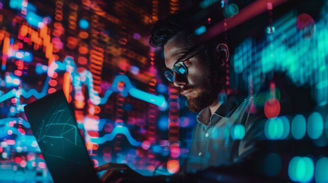 Data scientist, Programmer using laptop analyzing financial data on futuristic virtual interface. 