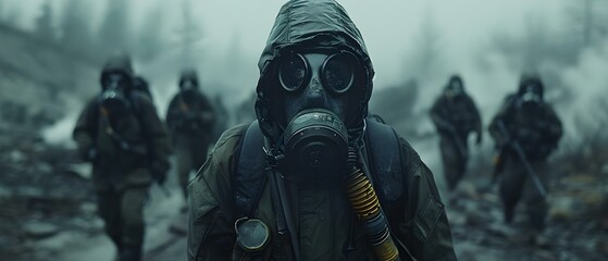 Soldiers in gas masks and hazmat suits enter a ruined city. Concept Post-apocalyptic world, Military, Gas masks, Hazmat suits, Ruined city - obrazy, fototapety, plakaty