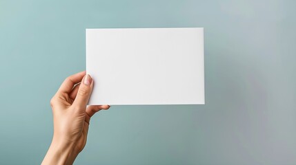 female hand holding up blank white invitation, POV