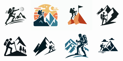 icon logo illustration of people with hiking backpack.