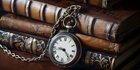 Vintage collectors victorian era pocket watch and chain antique leather bound books - obrazy, fototapety, plakaty