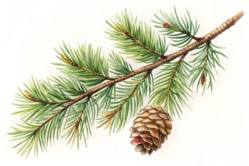 Branch of a fir tree and cone for Christmas decoration. Hand drawn pine branch watercolor and pencil drawing. Happy new year 2025. Generative ai	