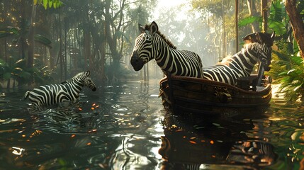Fototapeta na wymiar Wild zebras with black and white stripes, in contrast to those in a zoo, brave rivers during migrations