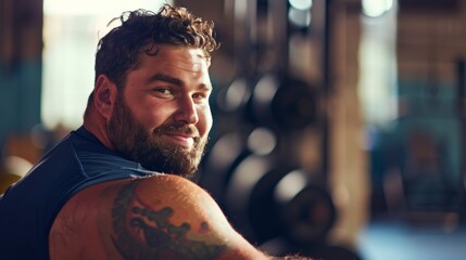 Smiling bearded man with tattoos wearing a sleeveless top in a gym setting with weights in the background. - obrazy, fototapety, plakaty
