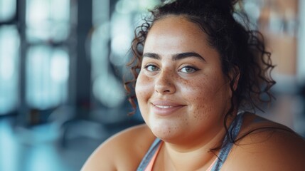 A smiling woman with curly hair and freckles wearing a tank top looking directly at the camera. - obrazy, fototapety, plakaty