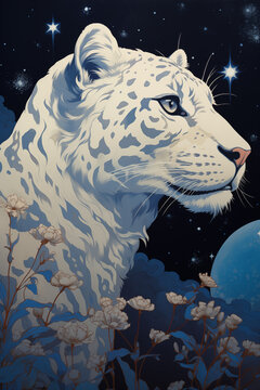 Side profile of snow leopard in the style of alphonse mucha, dark blue background