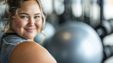 Smiling woman in gym attire standing in front of exercise balls. - obrazy, fototapety, plakaty