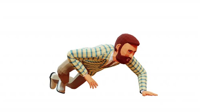 3D crawling man. Cartoon bearded man crawling. Looping animation with alpha channel.