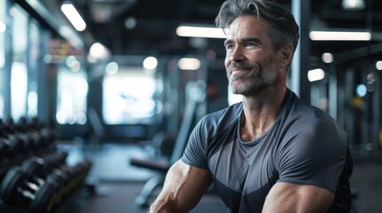 A bearded man in a gym smiling with muscular arms wearing a gray sleeveless top standing in front...