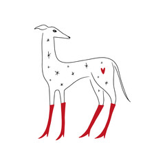 Red boots celestial cute cosmic whippet lovely greyhound silhouette on background. Vector Illustration of cute boho dog, adorable pet with flower. Groovy doodle cartoon abstract art - 780513445