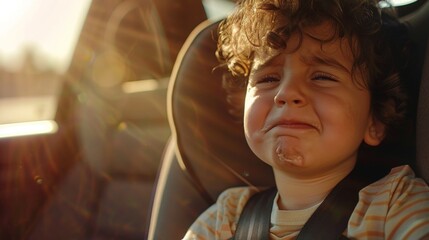 A young child with curly hair wearing a car seat looking out the window with a tearful expression. - obrazy, fototapety, plakaty