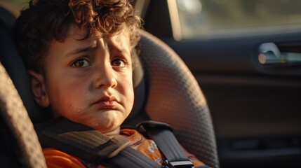 A young child with curly hair wearing a car seat looking sad with a frown on their face.
