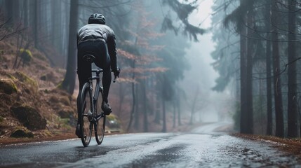 A cyclist in a gray jacket and black pants riding a bicycle on a wet foggy road through a forest. - obrazy, fototapety, plakaty