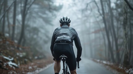 A cyclist in a black jacket and helmet riding a bicycle on a foggy wooded path.