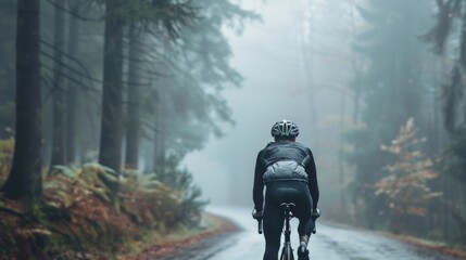 A cyclist in a black outfit with a backpack riding down a foggy forest road.