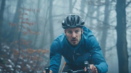 Obraz na płótnie Canvas Man in blue jacket and helmet riding bicycle through foggy forest.