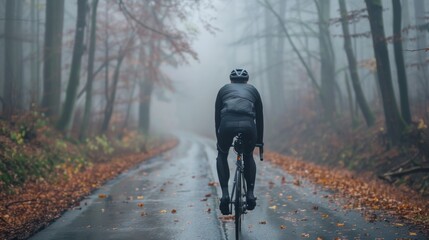 A lone cyclist clad in black pedaling down a misty leaf-strewn forest road.