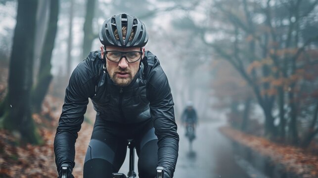 Man in black cycling gear with glasses riding bicycle on misty autumn forest road.