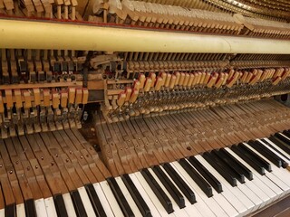 Traditional upright piano keys and mechanism background