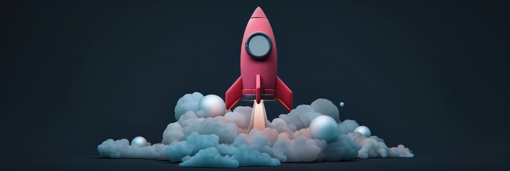 A pink space rocket is launching from a planet and fire and smoke around, at night, red...