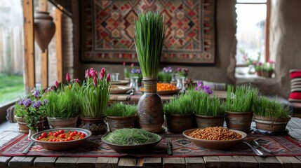 Fototapeta na wymiar Novruz setting table decoration, wheat grass, Azerbaijan national pastry pakhlava, new year sring celebration, nature awakening