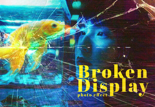 Broken Display Glass Photo Effect. Damaged CRT VHS Monitor Template