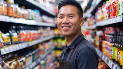 A smiling Asian man wearing a brown apron standing in a well-stocked grocery store aisle with various packaged food items. - obrazy, fototapety, plakaty