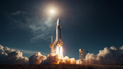 Space shuttle launching into sky, surrounded by massive plume of smoke, steam that billows outwards, engulfing launch pad. Intense heat, light from engines illuminate scene with ethereal glow. - obrazy, fototapety, plakaty