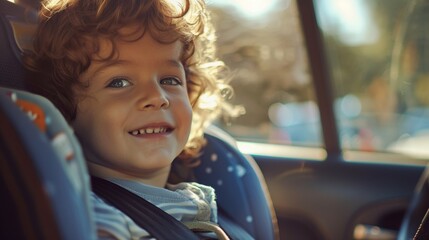 A young child with curly hair wearing a car seat smiling at the camera with sunlight streaming through the car window.