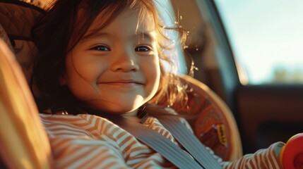 Young girl with a radiant smile sitting in a car seat enjoying a sunny day.