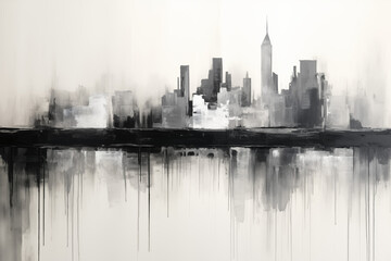 Gray Black and White Abstract modern smudges oil painting brush strokes monochromatic architectual skyline skyscrpers