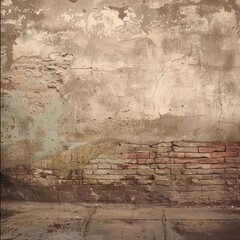 An old brick wall: weathered red bricks, bearing the scars of time, standing steadfast as a...