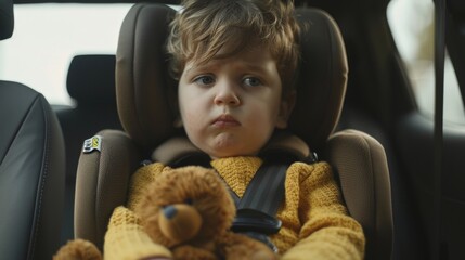 A young child in a car seat looking out of a car window with a teddy bear in their lap.