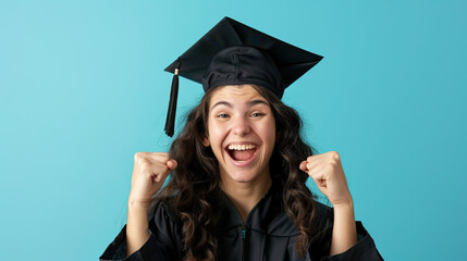 Young caucasian graduated woman cheering carefree and excited on pastel blue background