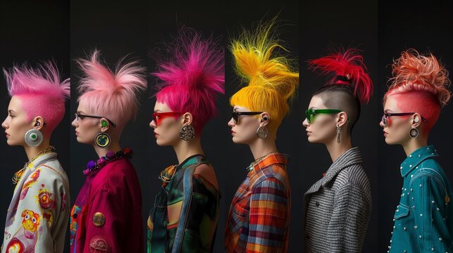A grid of images with various punk hairstyles and outfits, each with a simple black background to emphasize boldness and creativity.Generative AI illustration
