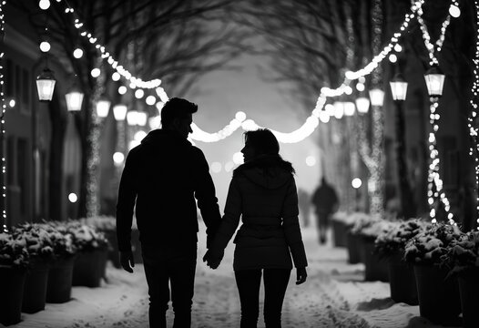 A Winter’s Tale: Silhouette of a Loving Couple in a Festive Alley