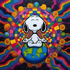 Snoopy meditates with the universe in the background.