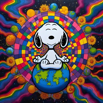 Snoopy meditates with the universe in the background.