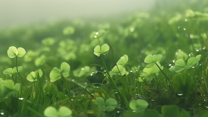 morning in the forest, fresh shoots shamrock in dew drops, forest sour green background nature