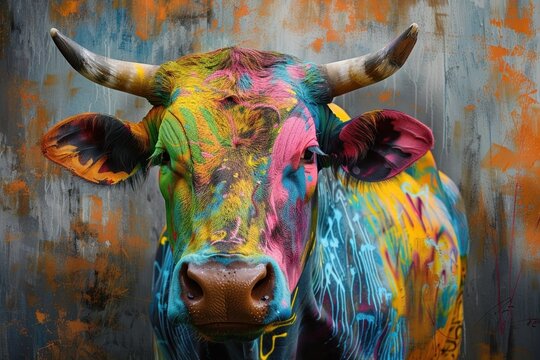 colorful bull with spray paint on it